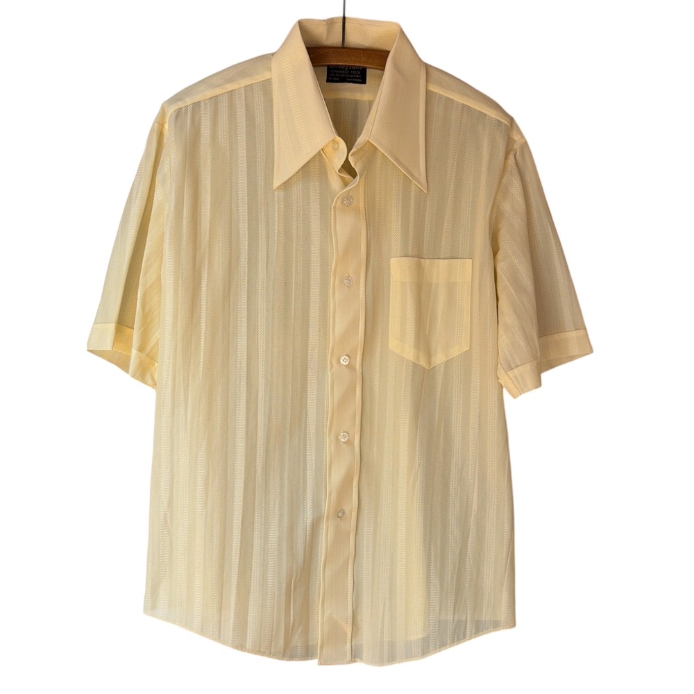 Vintage 70s Envoy Knit Shirt Mens Large Yellow Wide Collar Short Sleeve Retro - Picture 2 of 10